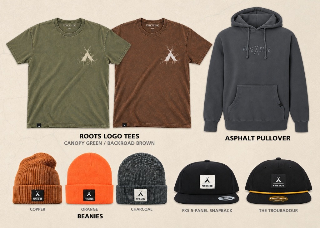 FIREXSIDE Fall/Winter '26 apparel: Roots Logo Tees, Asphalt Pullover, Copper, Orange and Charcoal beanies, FXS 5-Panel Snapback and The Troubadour hat