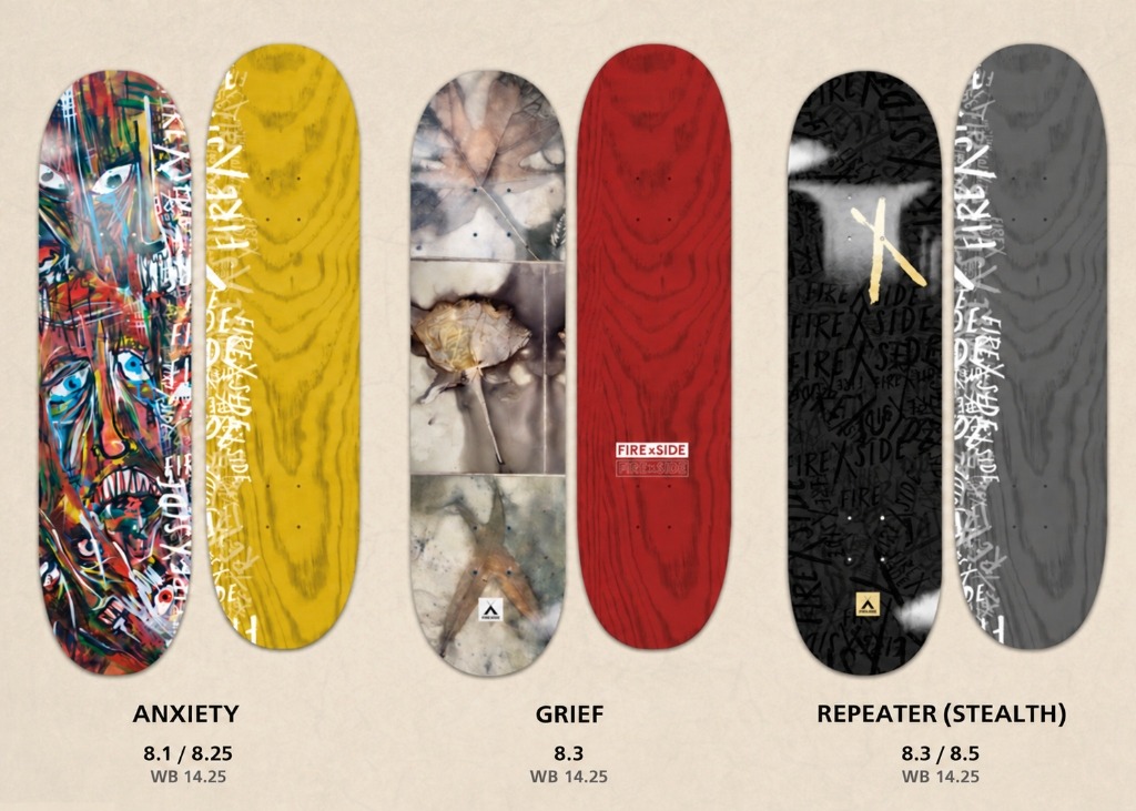 FIREXSIDE Fall/Winter '26 skateboard decks: Anxiety 8.1/8.25, Grief 8.3 and Repeater (Stealth) 8.3/8.5